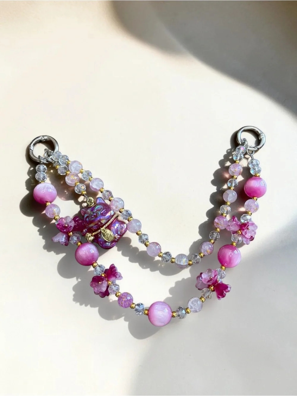 Pink Floral/Cat Double-Strand Bag Charm
